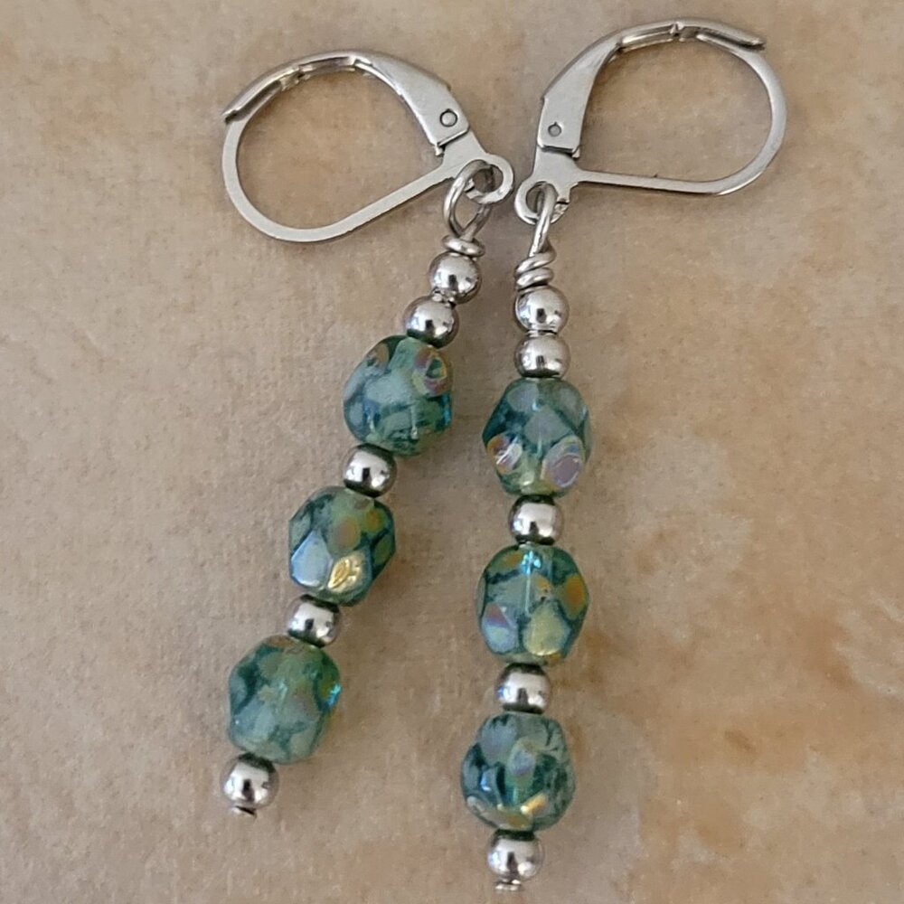 Picasso GREEN 6mm Czech Crystal Earrings Stainless Steel Leverback Artisan